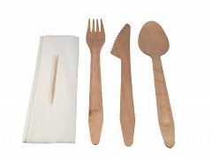 FSC houten besteksets mes, vork, lepel, tandenstoker & servet